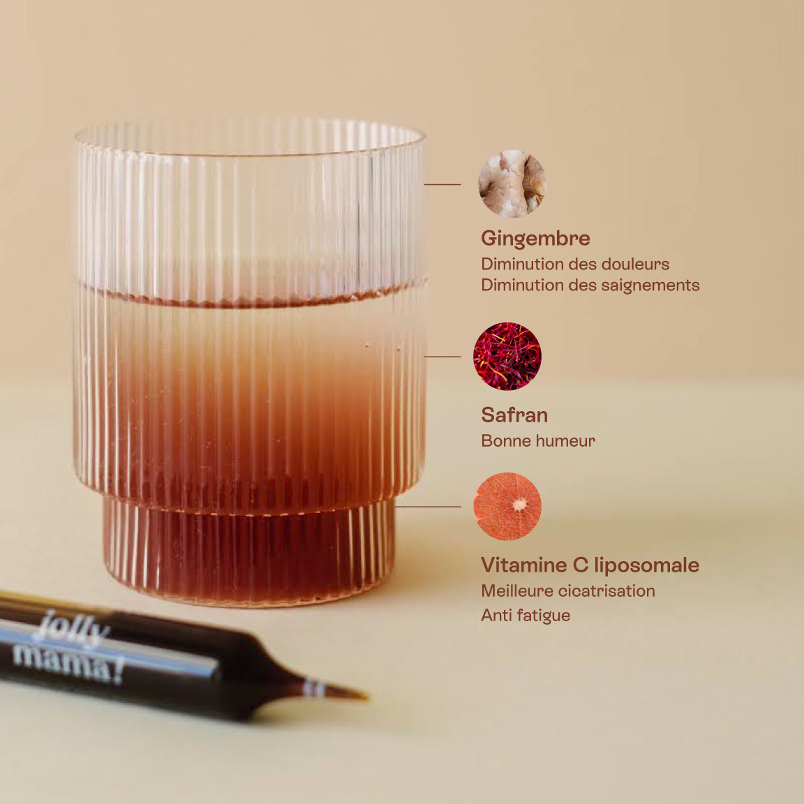 Happy Postpartum Jolly Mama koraalrode ampul, formule met saffraan, gember en vitamine C