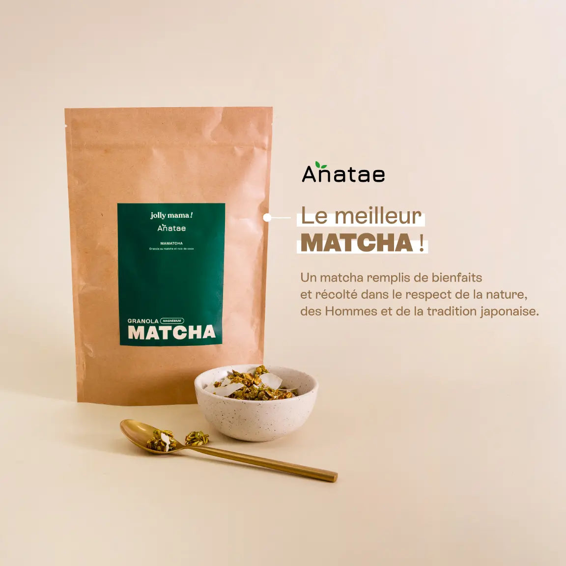 Granola Matcha & kokos – zakje glutenvrij, rijk aan vezels en magnesium