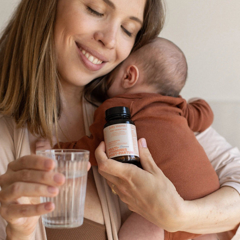 Pack post-accouchement Jolly Mama – vitamines Post Essentials pour énergie + Oméga Mama DHA/EPA végétal pour récupération
