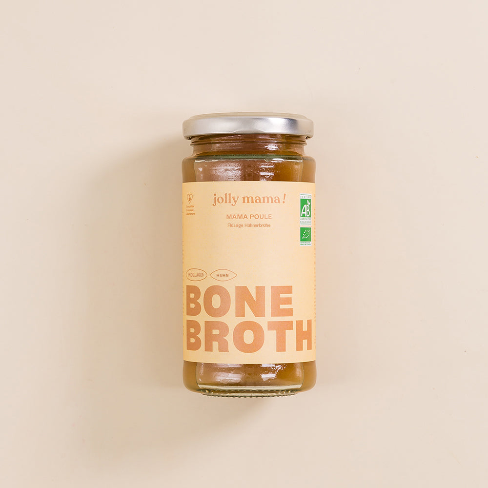 Bouillon Mama Poule – bone broth naturel en pot de verre, pauvre en sel et riche en protéines