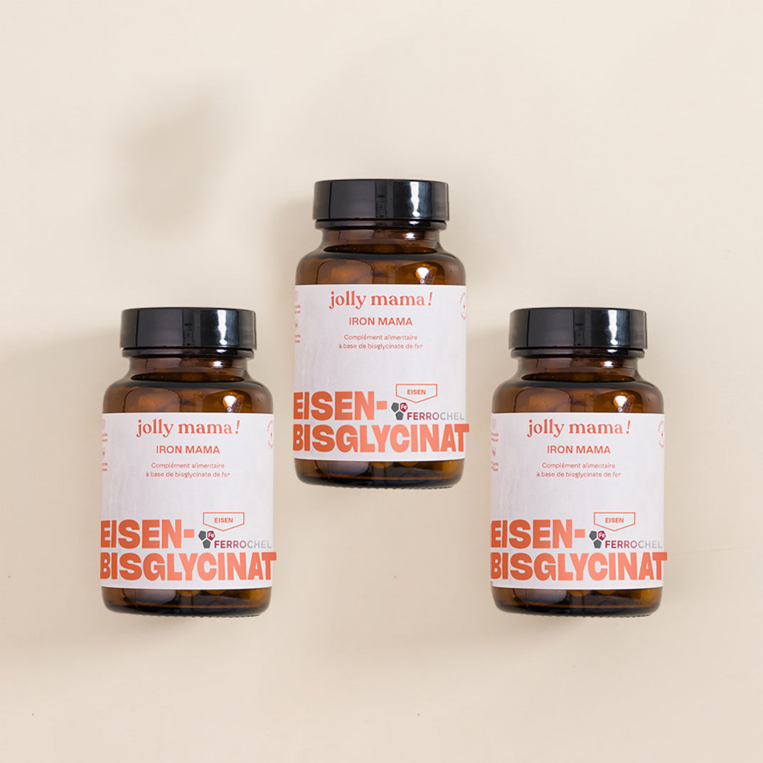 Iron Mama Jolly Mama iron bisglycinate capsules, brown glass bottle