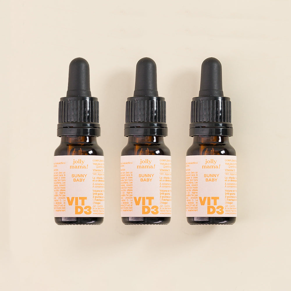 Sunny Baby – pipette bottle of vegan vitamin D3 for babies, simple dosage of 3 drops per day, made in France