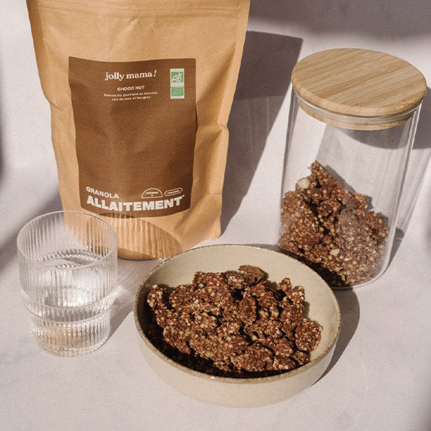 granola al cioccolato per stimolare l'allattamento in una ciotola con il sacchetto sullo sfondo